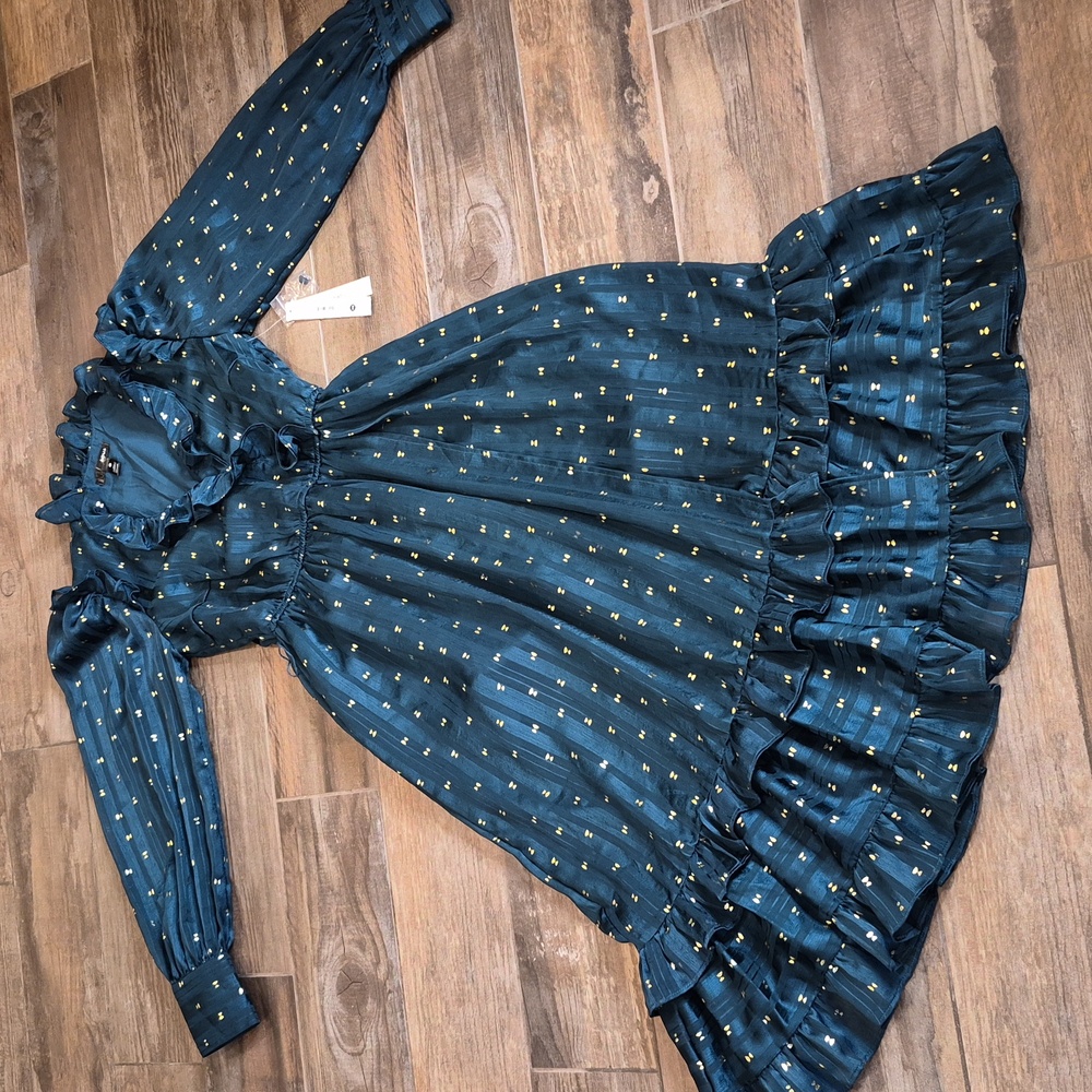 Aqua Ruffle Trim Clip Dot Long Sleeve Midi Wrap Dress, Teal Green & Gold, XS - Picture 5 of 16